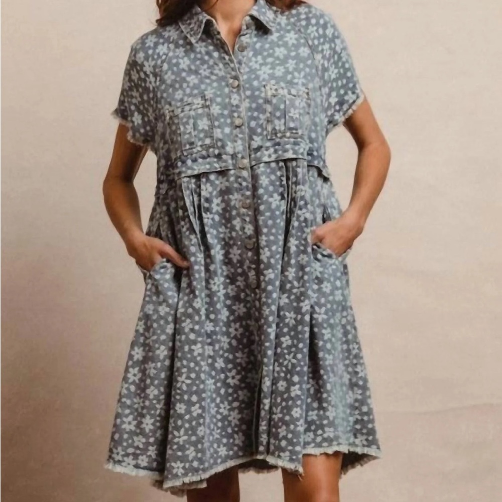 Bibi Washed Floral Denim Dress Raw Frayed Hem Cotton Blend Small